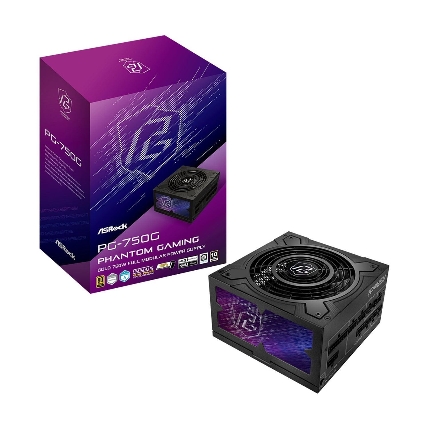 Asrock Phantom Gaming PG-750G 750W ATX Power Supply Unit, 80 Plus Gold Certified, 120mm Silent Cooling Fan, High Efficiency PSU