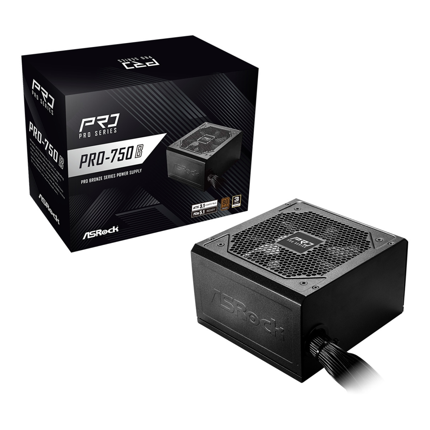Asrock PRO-750B 750W ATX Power Supply Unit, 80 Plus Bronze Certified, 120mm Silent Cooling Fan, High Efficiency PSU