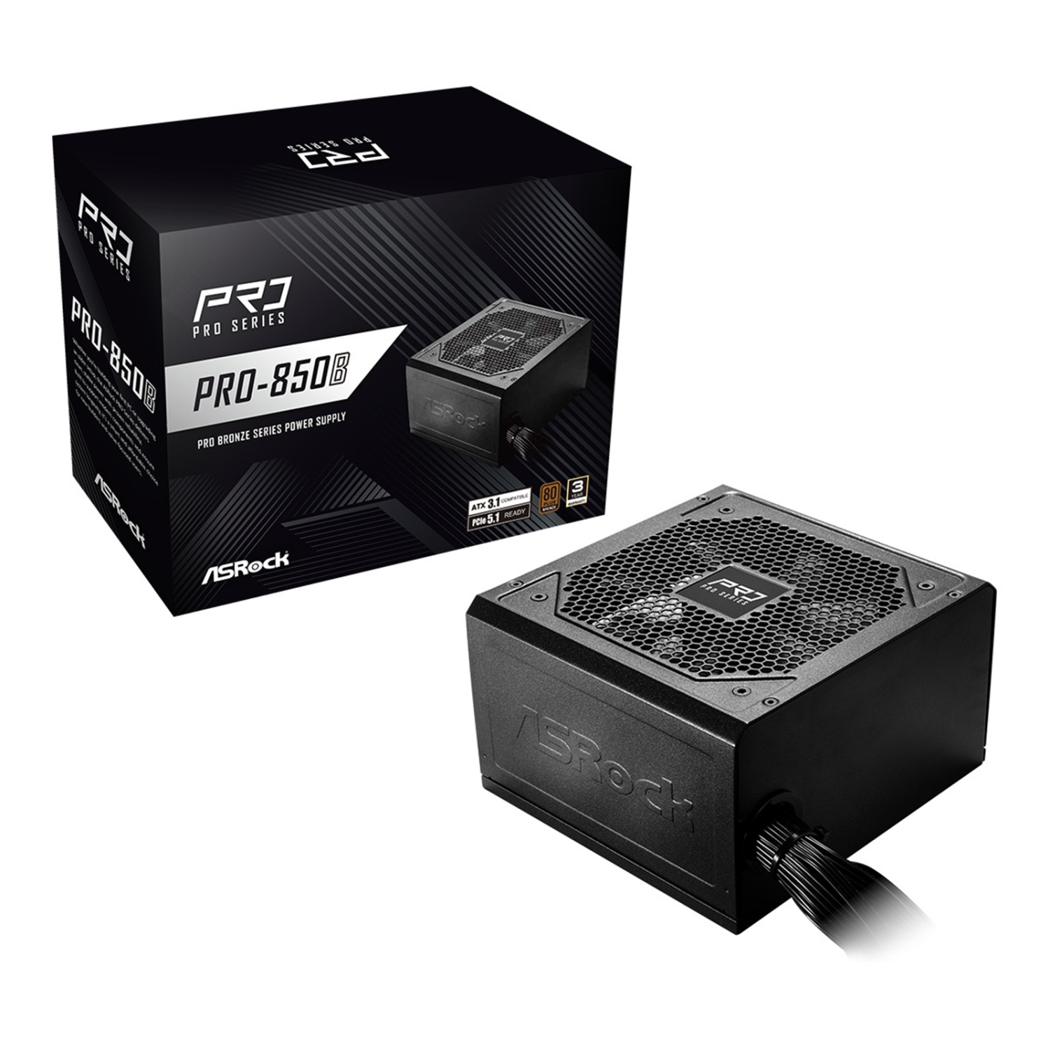Asrock PRO-850B 850W ATX Power Supply Unit, 80 Plus Bronze Certified, 120mm Silent Cooling Fan, High Efficiency PSU