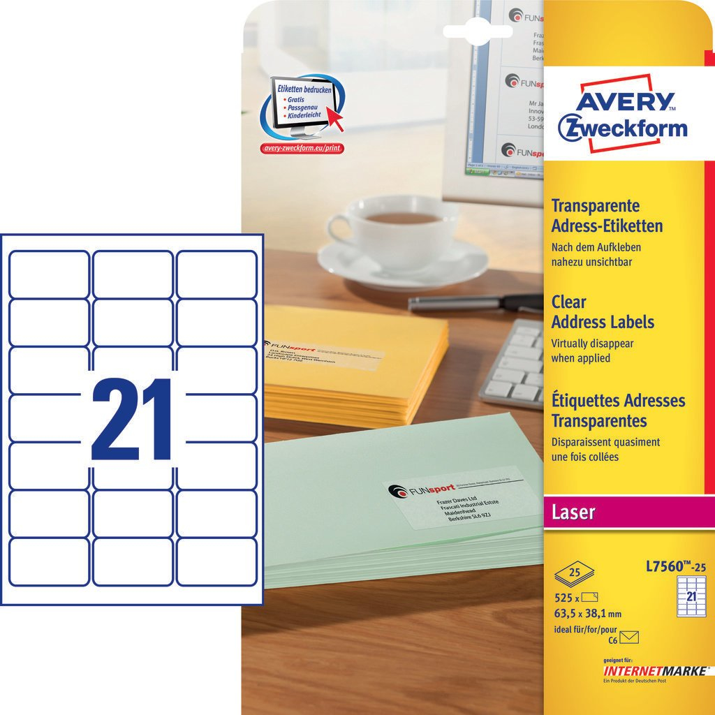 Avery L7560-25 Self-Adhesive Labels - Transparent