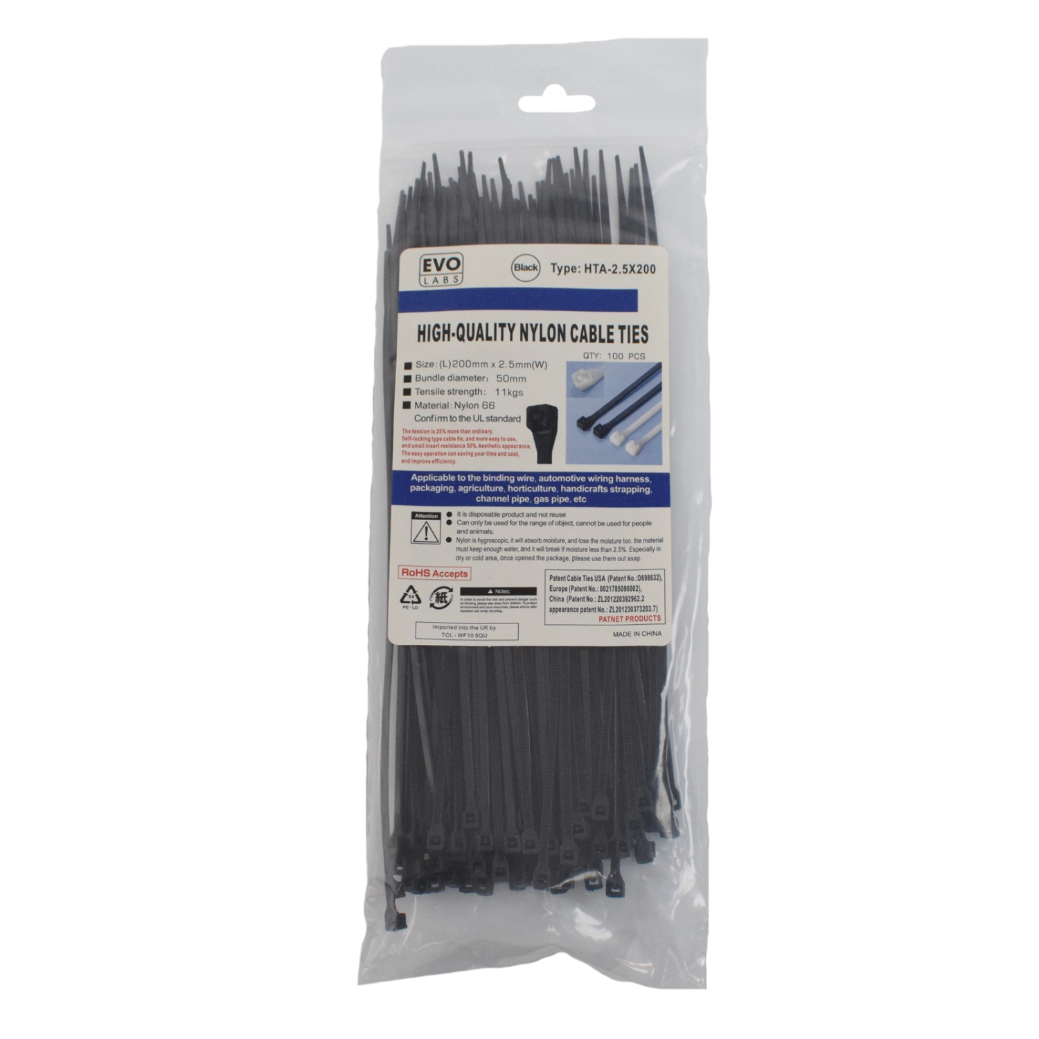 Evo Labs 5X200MM Cable Ties - Black