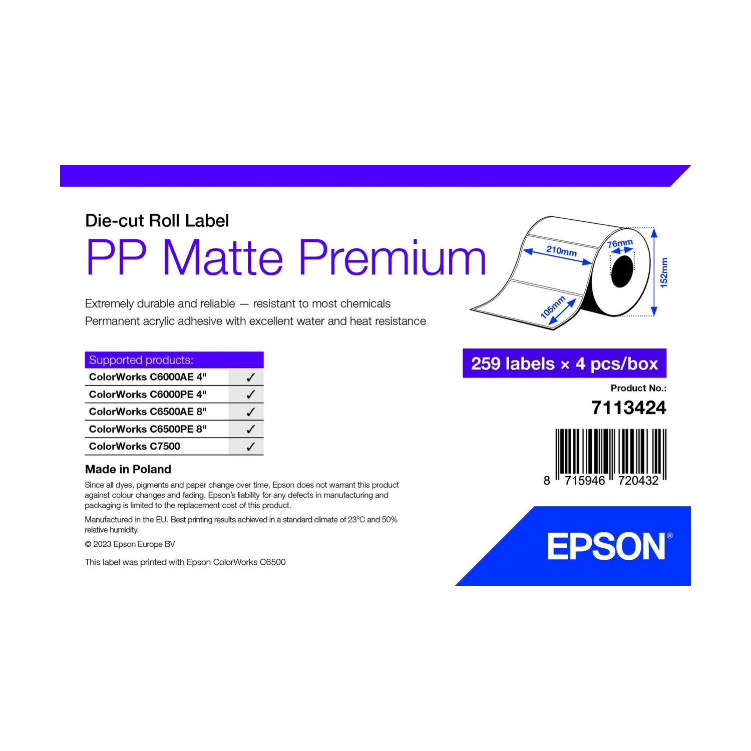 Epson 7113424 printer label White Self-adhesive printer label