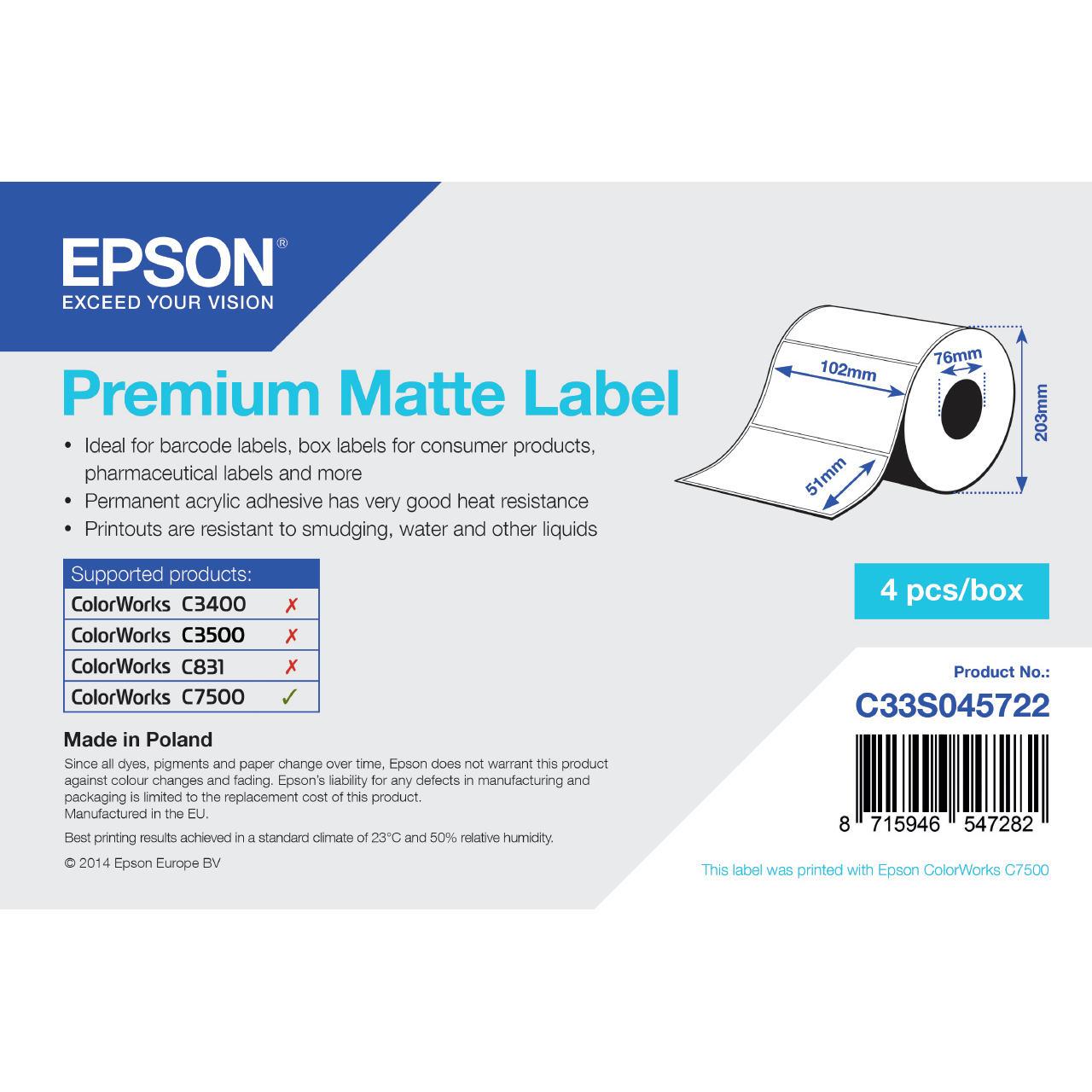 Epson 102mm Printer Labels - White