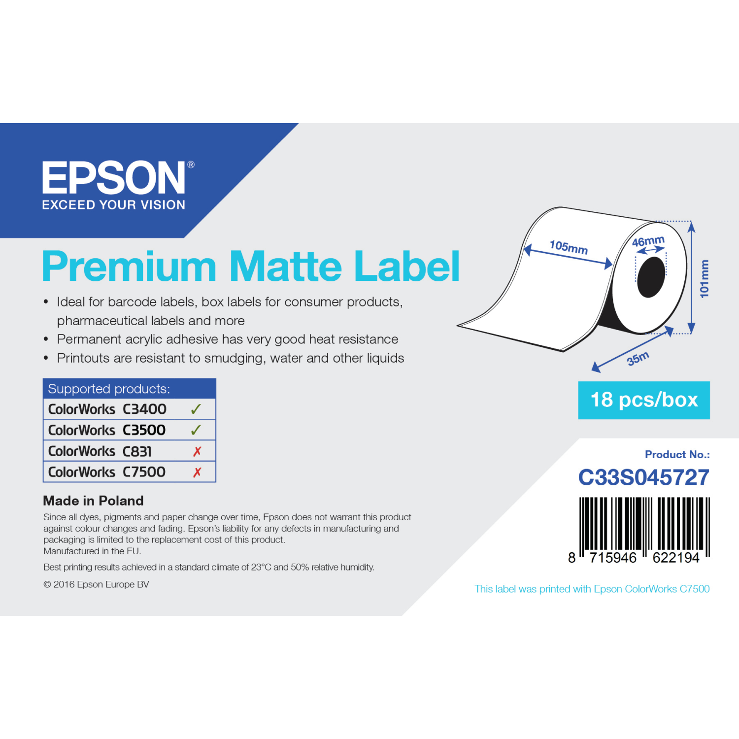 Epson 105mm Printer Labels - White