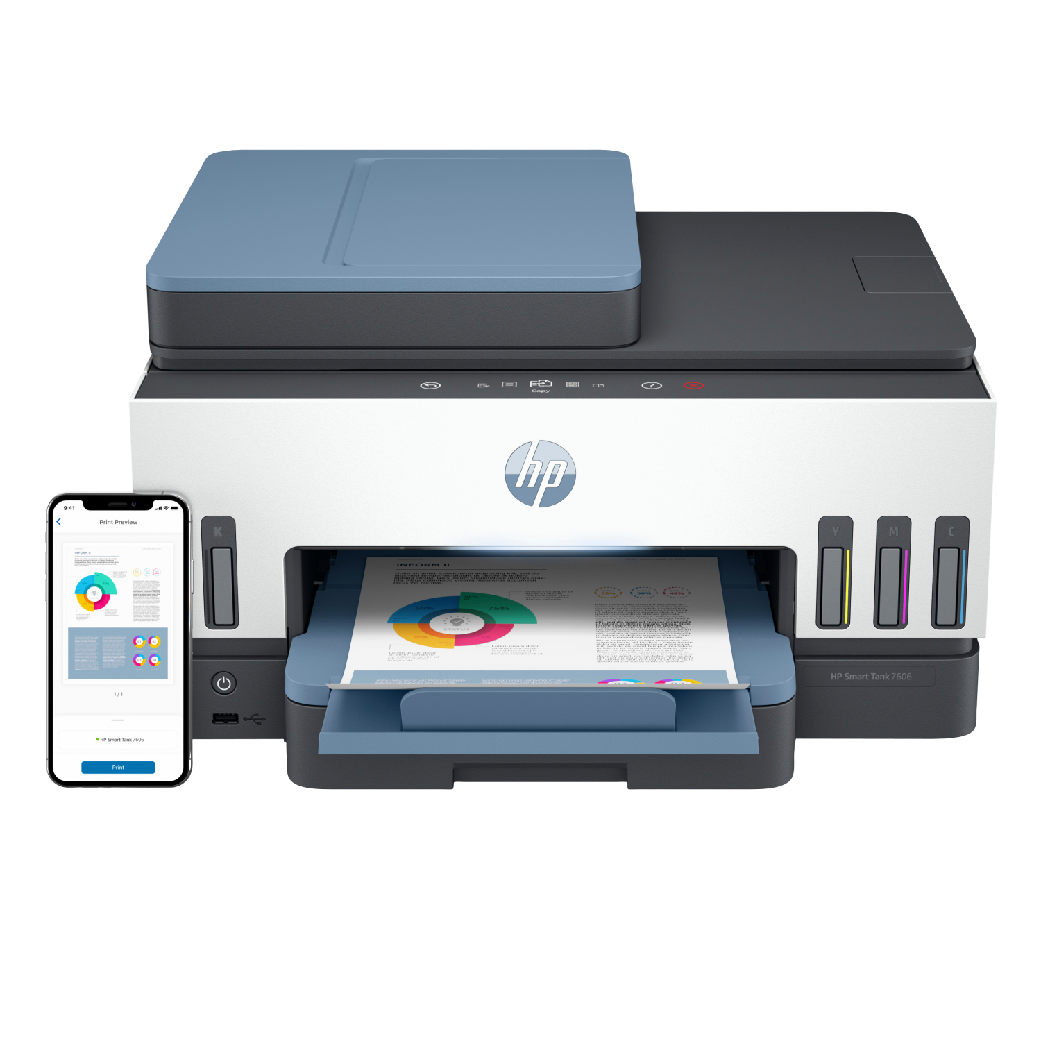 HP Smart Tank 7606 Wireless All-in-One Color Printer, Two-sided printing; Copier, Scanner