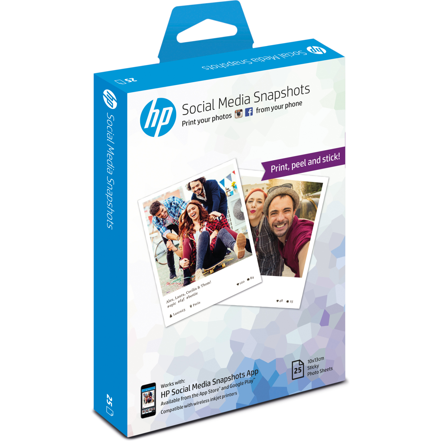 HP Social Media Snapshots Removable Sticky -25 sht/10 x 13 cm photo paper White Semi-gloss
