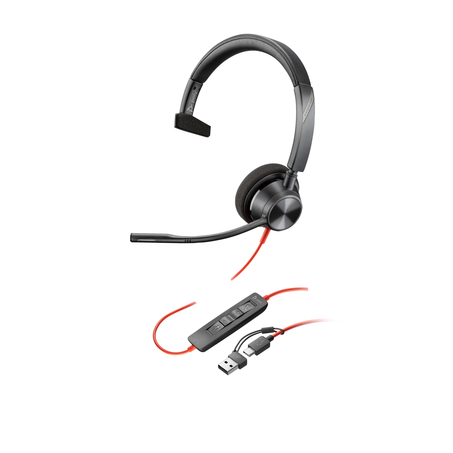 POLY Blackwire 3310 Monaural USB-C Headset +USB-C/A Adapter