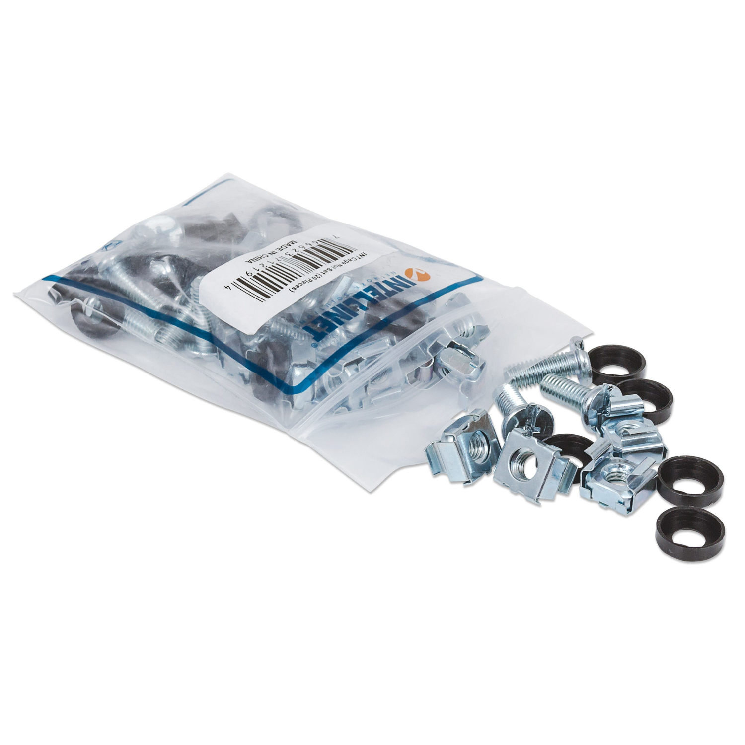 Intellinet Cage Nut Set (20 Pack), M6 Nuts, Bolts and Washers, Suitable for Network Cabinets/Server Racks, Plastic Storage Jar, Lifetime Warranty