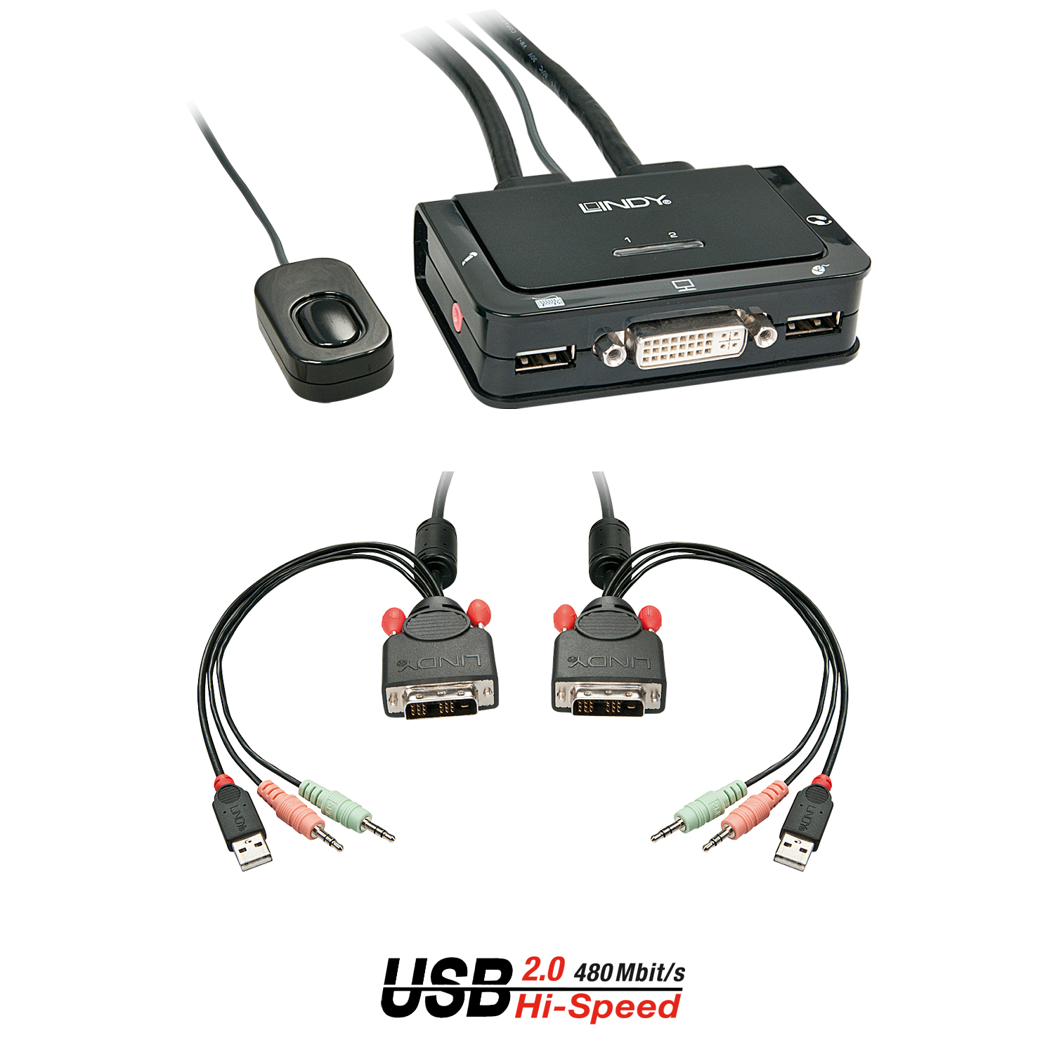 Lindy 2 Port DVI-D Single Link, USB 2.0 and Audio KVM Switch Compact