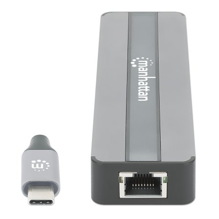 Manhattan USB-C Dock/Hub with Card Reader, Ports (x5): Ethernet, HDMI, USB-A (x2) and USB-C, With Power Delivery (87W) to USB-C Port (Note add USB-C wall charger and USB-C cable needed), All Ports can be used at the same time