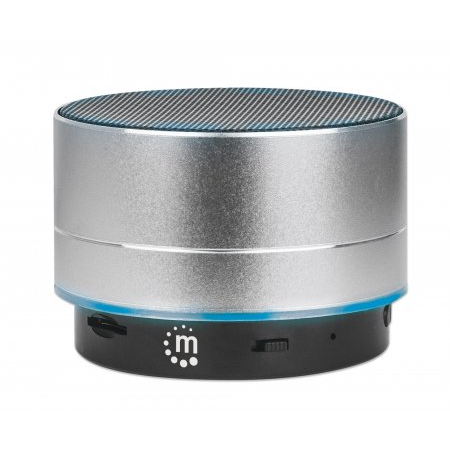 Manhattan Metallic Bluetooth Speaker (Clearance Pricing), Splashproof, Range 10m, microSD card reader, Aux 3.5mm connector, USB-A charging cable included (5V charging), Silver, Three Years Warranty