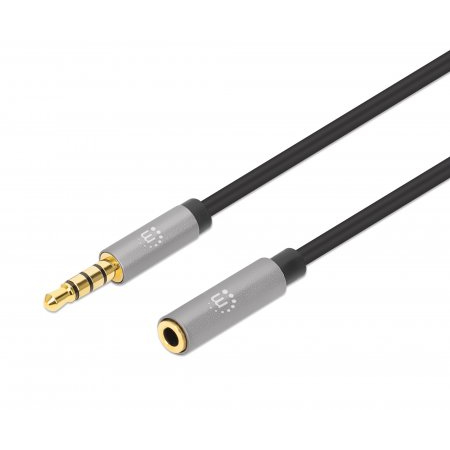 Manhattan Stereo Audio 3.5mm Extension Cable, 3m, Male/Female, Slim Design, Black/Silver, Premium with 24 karat gold plated contacts and pure oxygen-free copper (OFC) wire, Lifetime Warranty, Polybag
