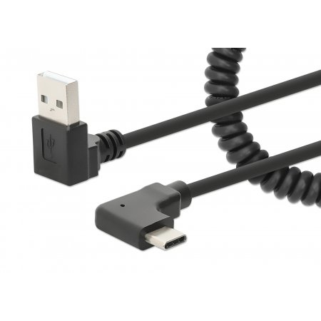 Manhattan USB-C to USB-A Cable, 1m, Male to Male, Black, 480 Mbps (USB 2.0), Tangle Resistant Curly Design, Angled Connectors, Ideal for Charging Cabinets/Carts, Hi-Speed USB, Lifetime Warranty, Polybag