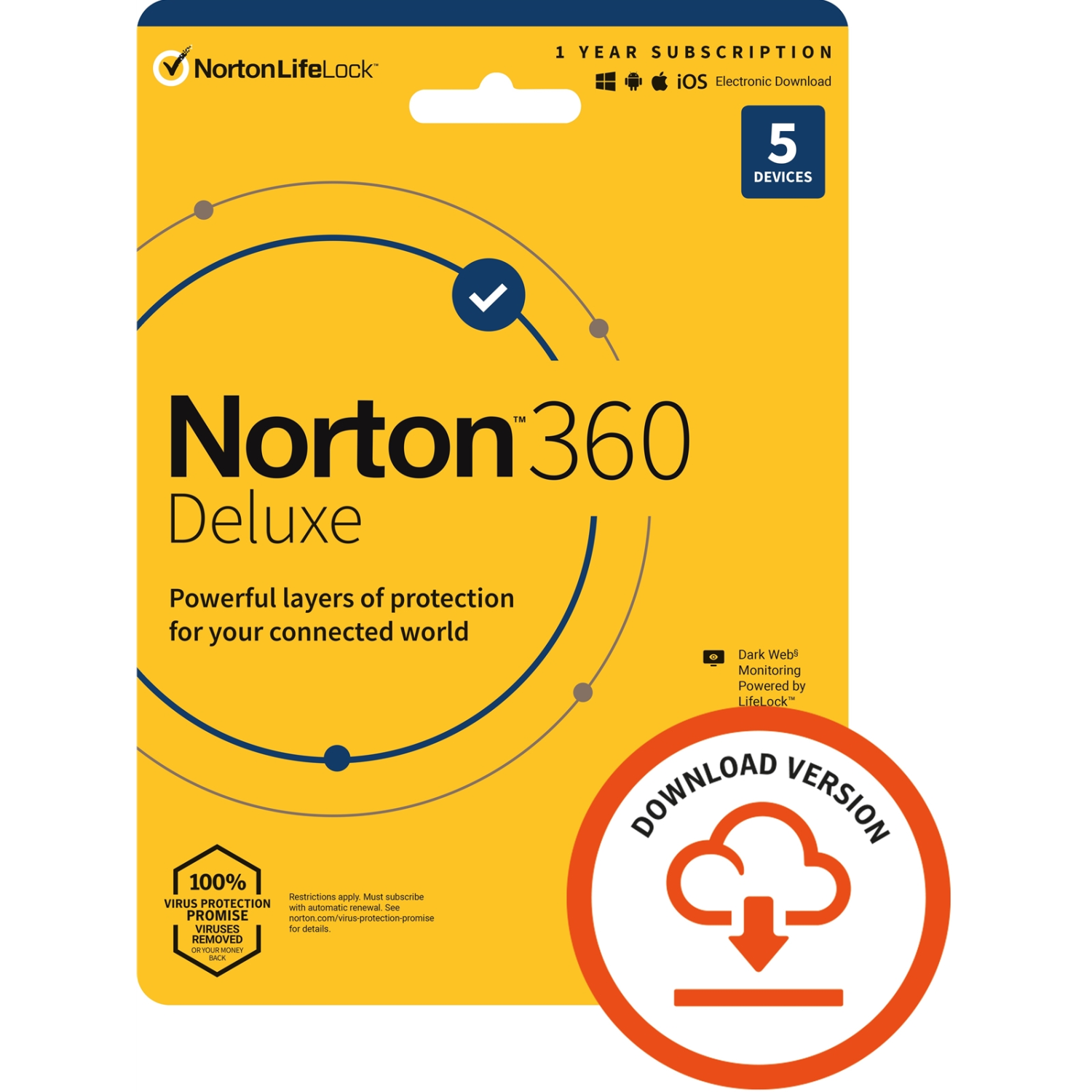 NortonLifeLock 360 Deluxe 1x 5 Device, 1 Year ESD - Single 5 Device Licence via email, 50GB Cloud Storage - PC, Mac, iOS & Android *Non-enrolment*