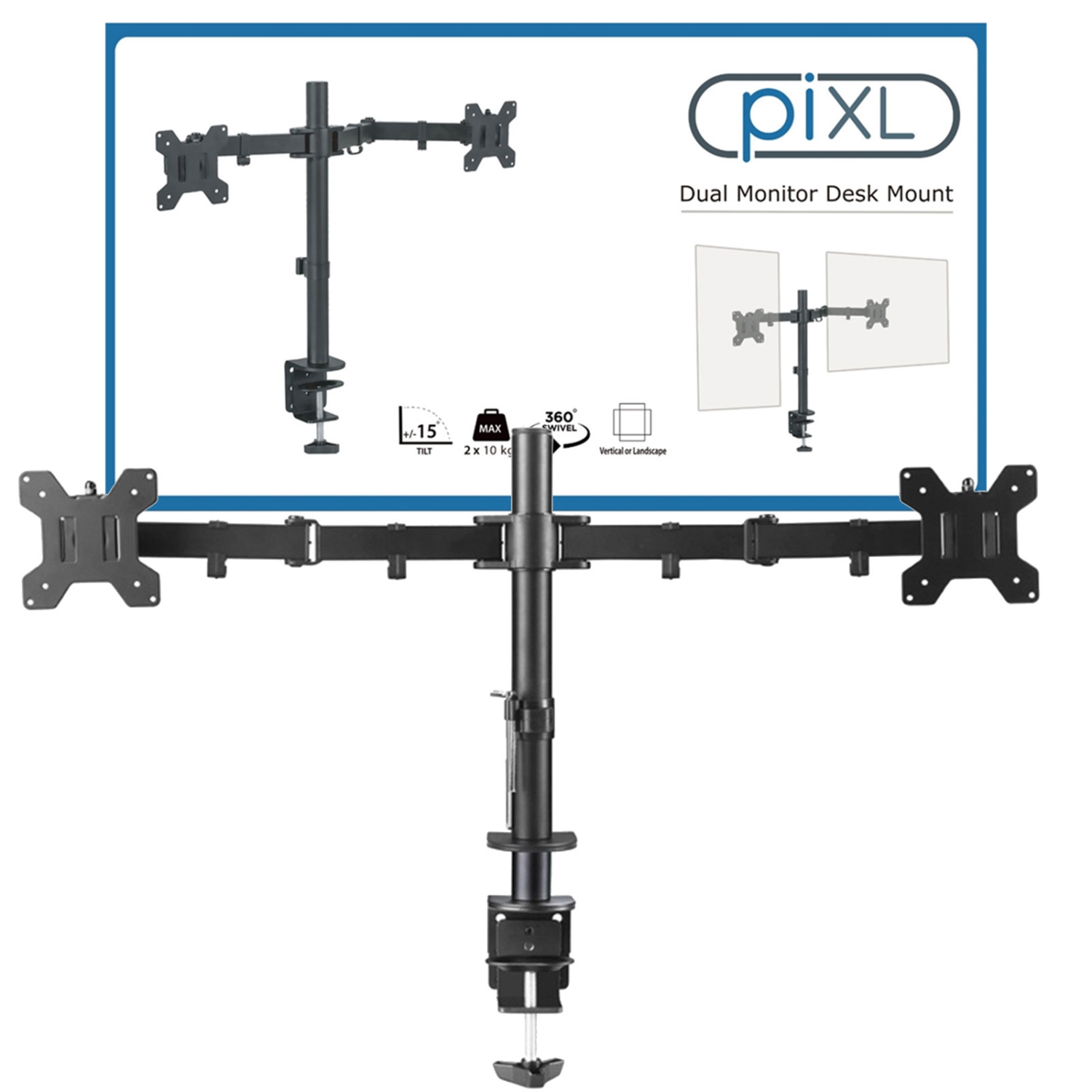piXL Desk-Mounted Fully-Adjustable Dual Monitor Arm for Screens Up To 27 inch with VESA Mount & Built-In Cable Management