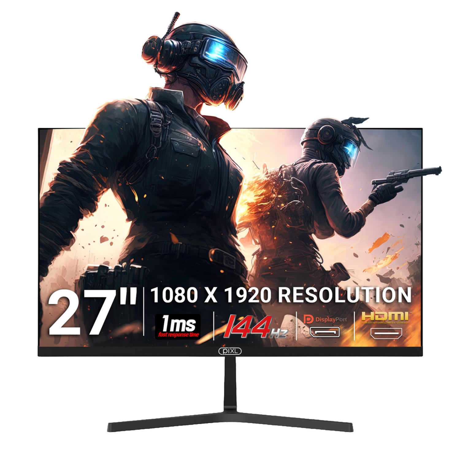 PIXL PX27B221S 27 Inch Frameless Monitor, Widescreen IPS LCD Panel, True -to-Life Colours, Full HD 1920x1080, Speakers, 1ms Response Time, 144Hz Refresh, DisplayPort, HDMI, Black Finish