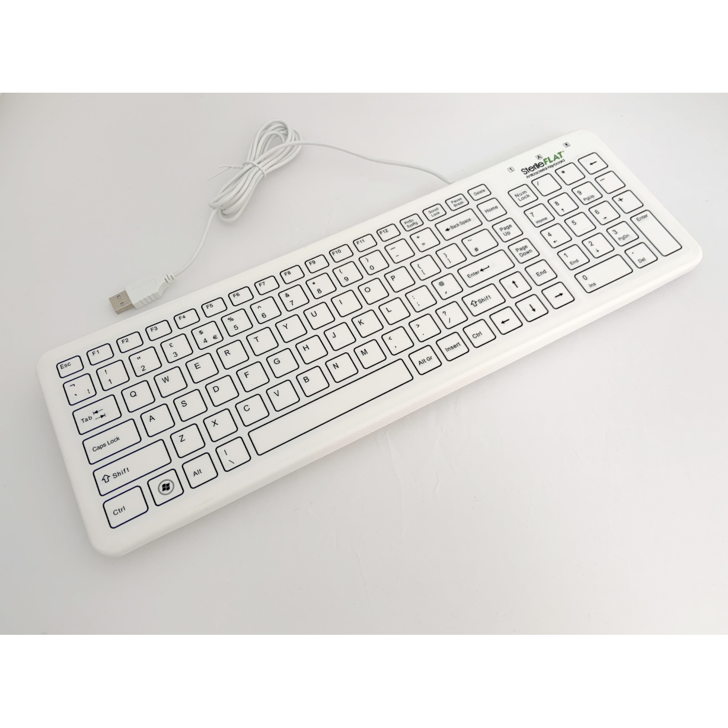 SterileFLAT Antibacterial USB Wired Medical Keyboard IP68 - features latex free nano silver impregnated antibacterial silicone. USB connection. Quickly wipes clean with Antibacterial and Alcohol based agents or Chlor-clean a chlorine based agent as used i