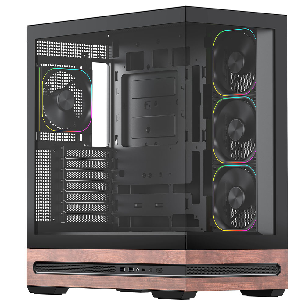 VIDA Elegance Black ARGB Gaming Case w/ Glass Side & Front, ATX, Real Wood PSU Shroud, 4x ARGB PWM Fans, Fan Hub & Remote, USB-C, Asus BTF Compatible