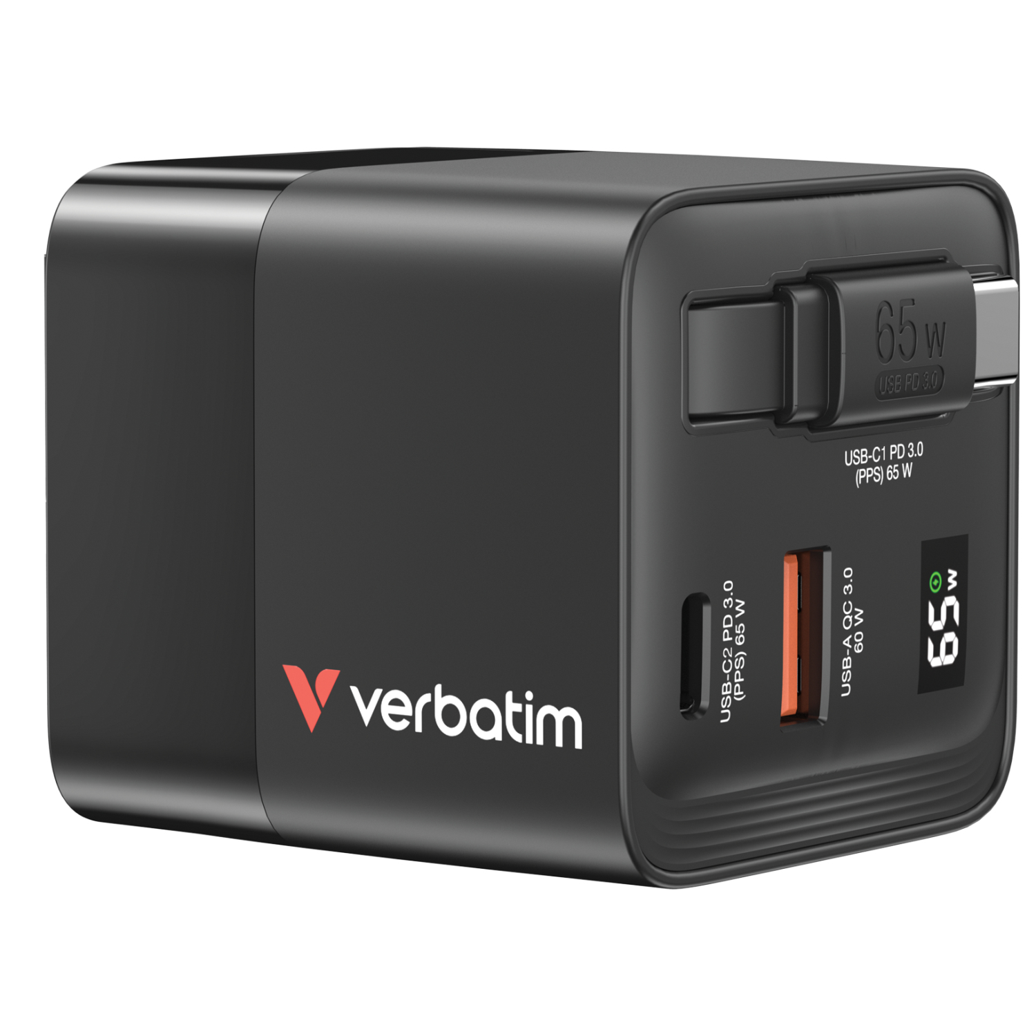 Verbatim GaN Charger 65W 2 Port retractable cable display US plugs with EU and UK adaptors