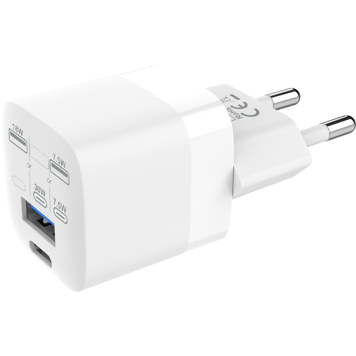 Vision USB A and C Fast Charger with EU Plug adapter - from mfi certified factory - 30 w - 5v 3a or 9v 3a or 12v 2.5a or 15v 2a or 20v 1.5a - USB c socket - USB a socket - EU CEE 7/7 schuko plug - gallium nitride (gan) transistors makes it very compact -