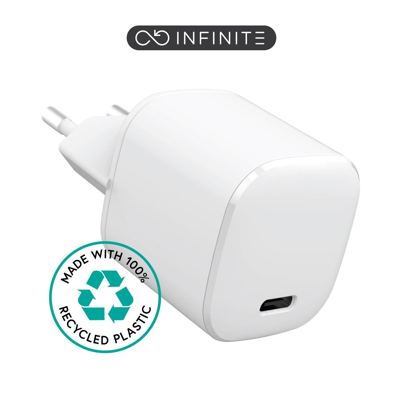 eSTUFF 100% Recycled Plastic - Home Charger USB-C PD 3A 20W, EU Plug - White